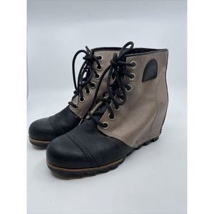Sorel Two-Tone Black and Tan Lace-Up Wedge Heeled Boots